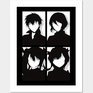 The Misfit of Demon King Academy or Maou Gakuin Anime Characters : Anos Voldigoad, Misha Necron, Sasha Necron, and Lay Glanzudlii in Black and white Minimalist Pop art Design Posters and Art